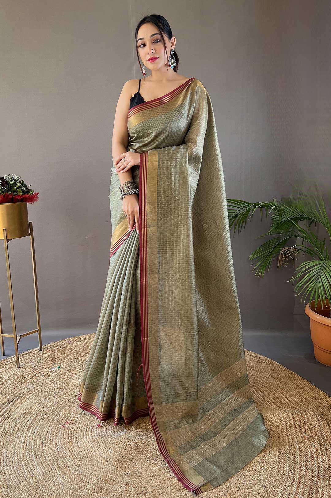 Pista Soft Silk Saree with All Over Zari Chex Weaving Design