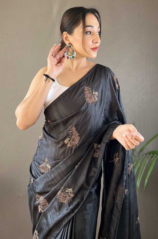 Black Silk Saree with Zari Embroidery and Piping Design