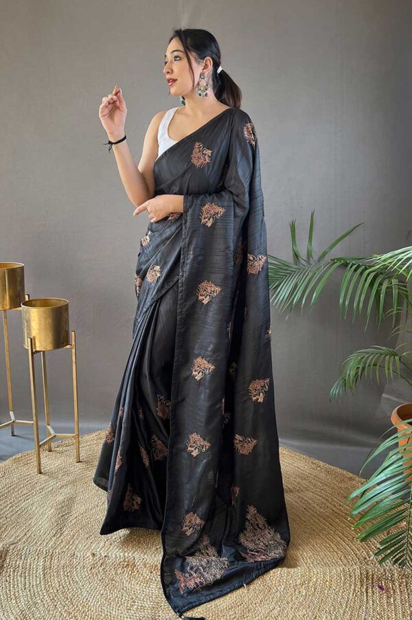 Black Silk Saree with Zari Embroidery and Piping Design