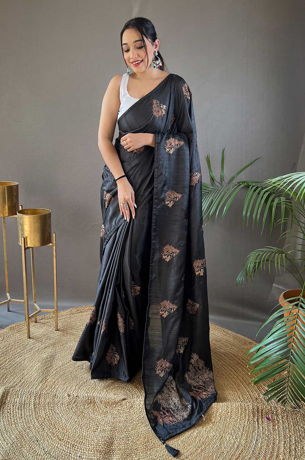 Black Silk Saree with Zari Embroidery and Piping Design