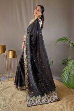 Black-Tussar-Silk-Saree-with-Contrast-Embroidery-and-Cutwork-Border