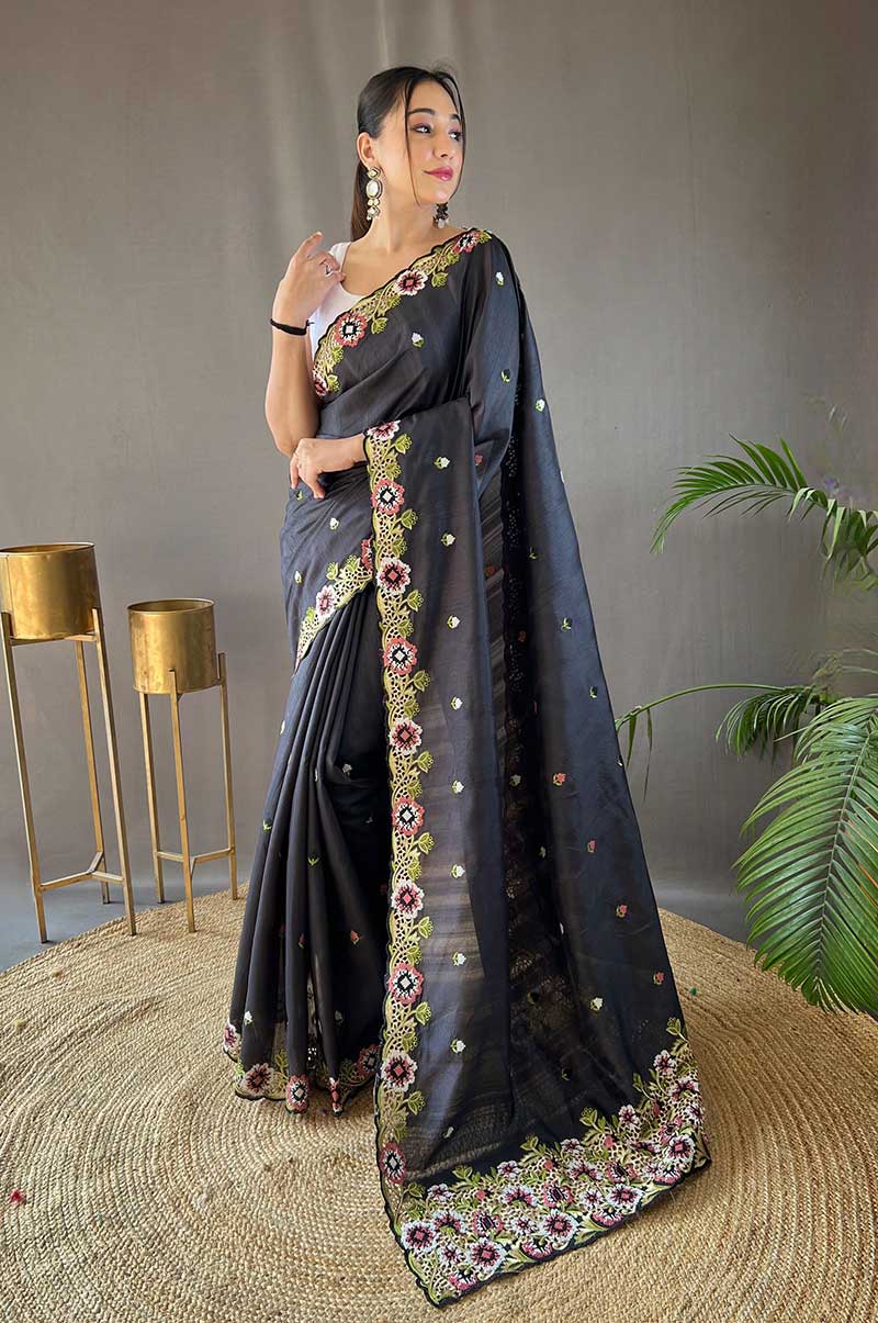 Black Tussar Silk Saree with Contrast Embroidery and Cutwork Border