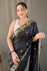 Black-Tussar-Silk-Saree-with-Contrast-Embroidery-and-Cutwork-Border-3