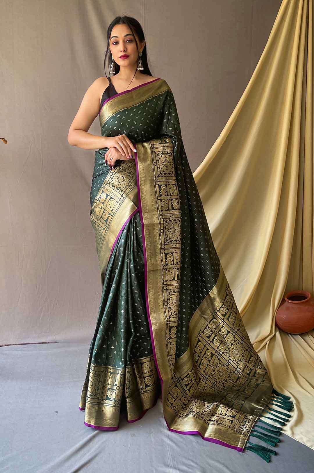 Bottle Green Silk Saree with Silver and Gold Zari Checks and Broad Zari Border