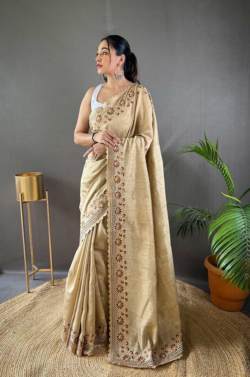 Cream Pure Matka Silk Soft Saree with Motifs and Cutwork Border