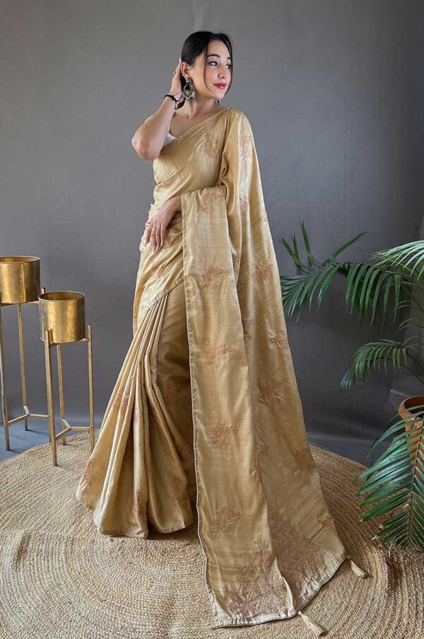 Cream Silk Saree with Zari Embroidery and Piping Design