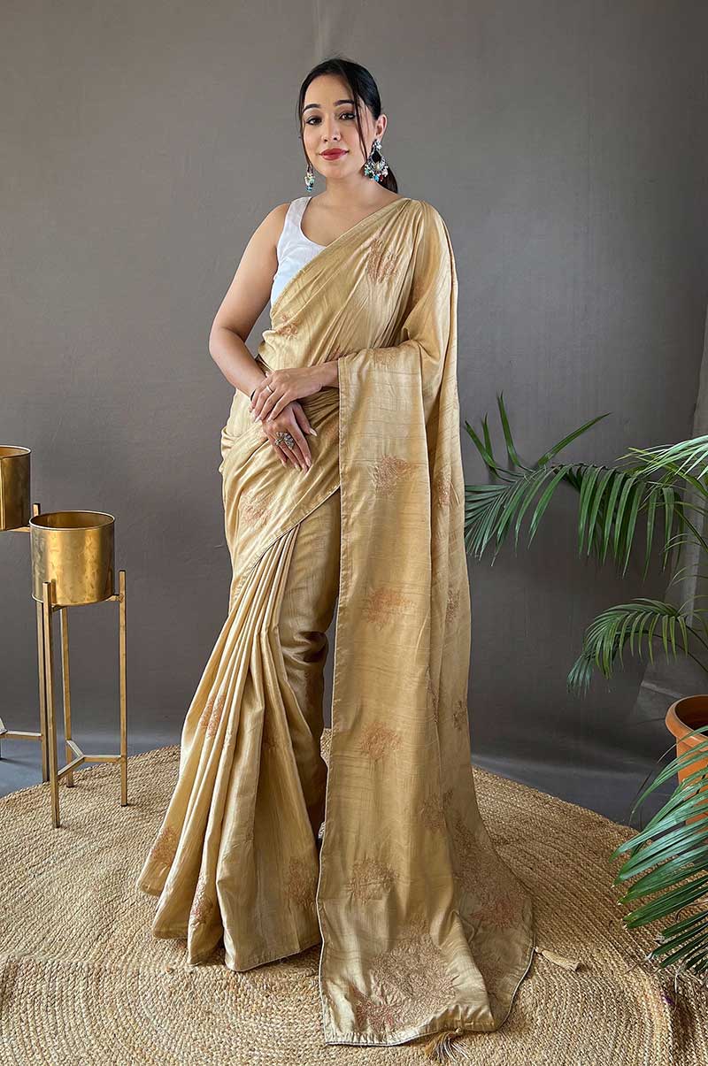 Cream Silk Saree with Zari Embroidery and Piping Design