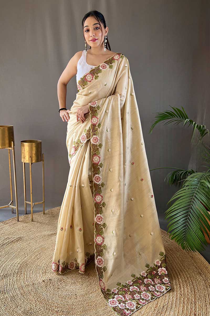 Cream Tussar Silk Saree with Contrast Embroidery and Cutwork Border