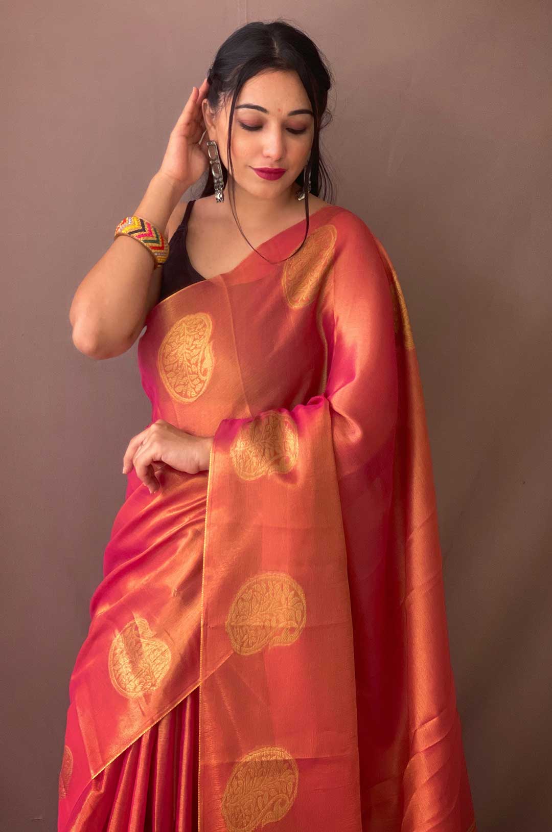 Dark Pink Tissue Silk Saree with Zari Weaving and Mango Border