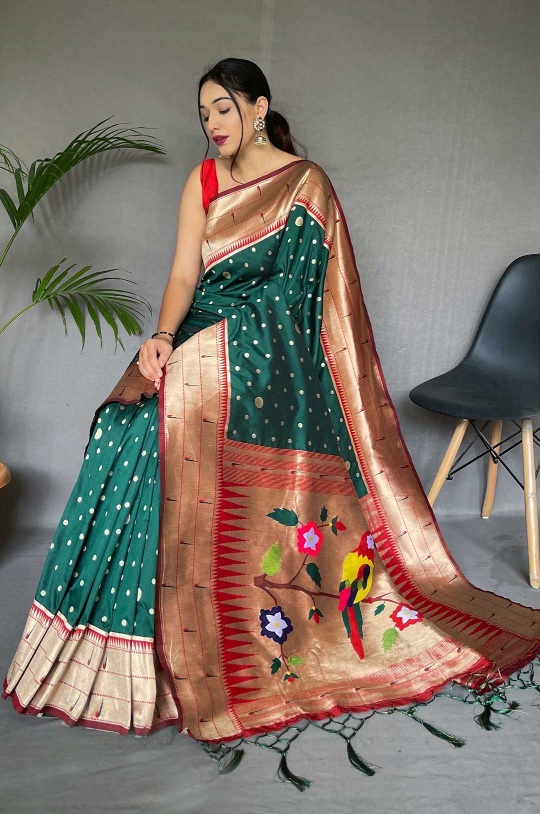 Green Color Paithani Silk Saree With Parrot Rich Weaved Pallu and Polka Dot Motif