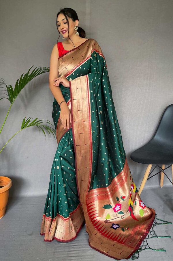 Green Color Paithani Silk Saree With Parrot Rich Weaved Pallu and Polka Dot Motif