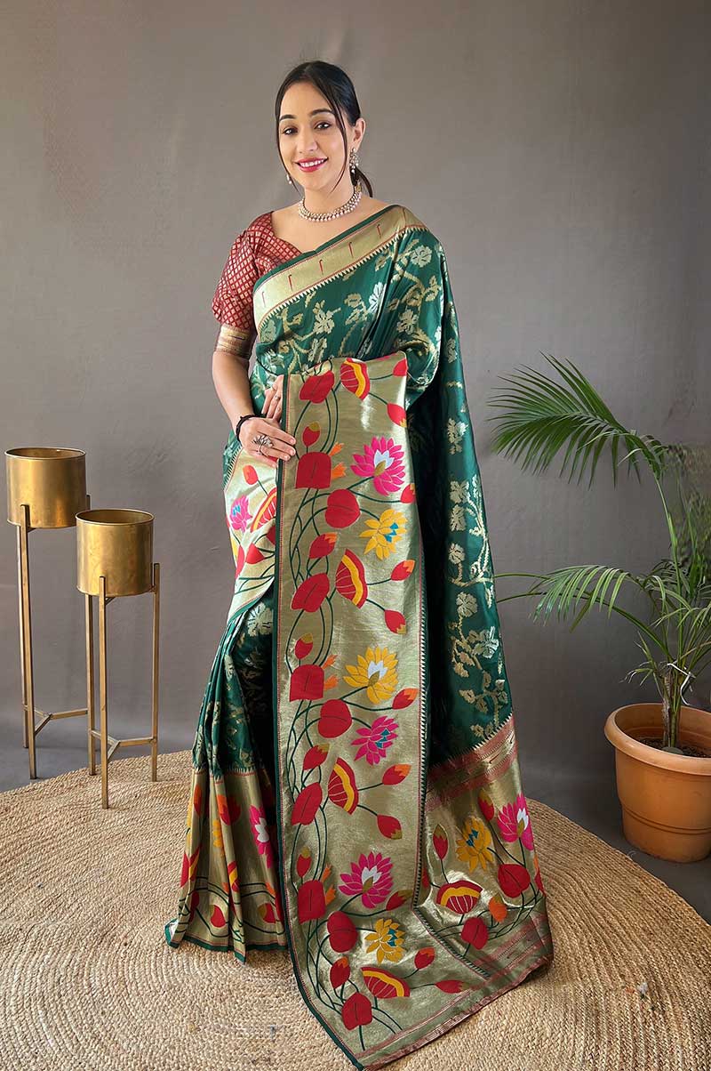 Green Paithani Silk Saree with 3D Traditional Design and Zari Work