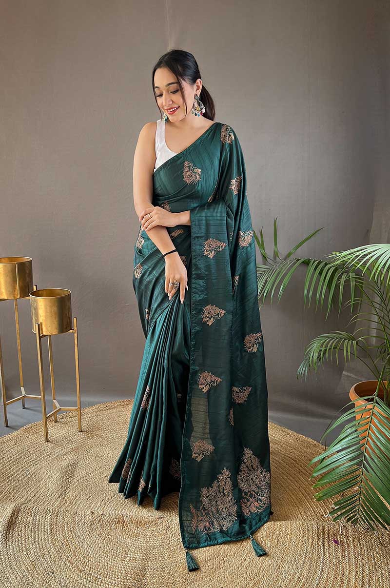 Green Silk Saree with Zari Embroidery and Piping Design