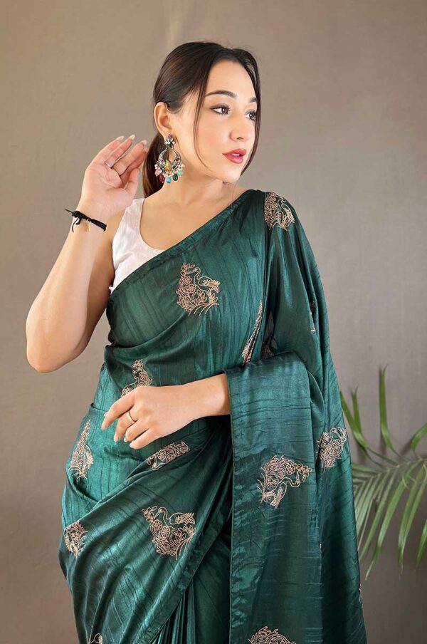 Green Silk Saree with Zari Embroidery and Piping Design