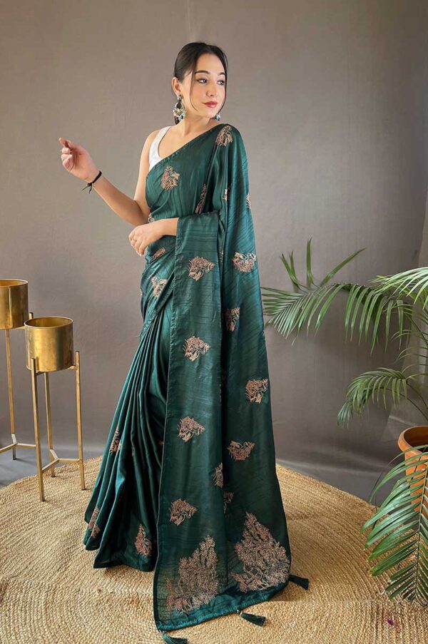 Green Silk Saree with Zari Embroidery and Piping Design