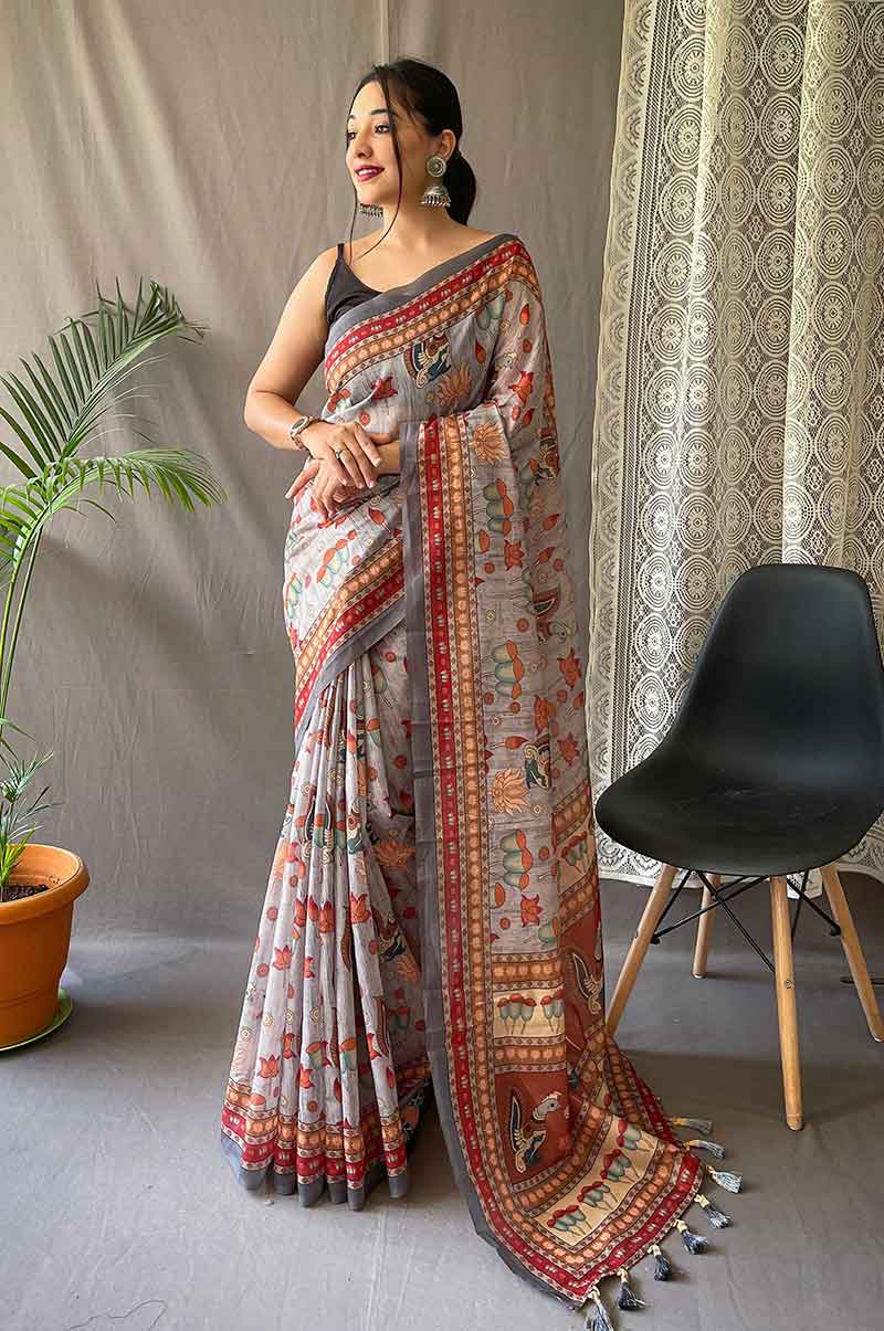 Grey Cotton Saree with Kalamkari Prints and Contrast Pallu