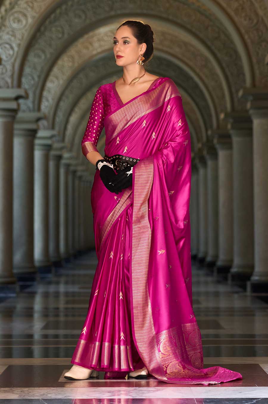 Hot Pink Colour Assam Muga Silk Saree with Golden Detailing and Intricate Border