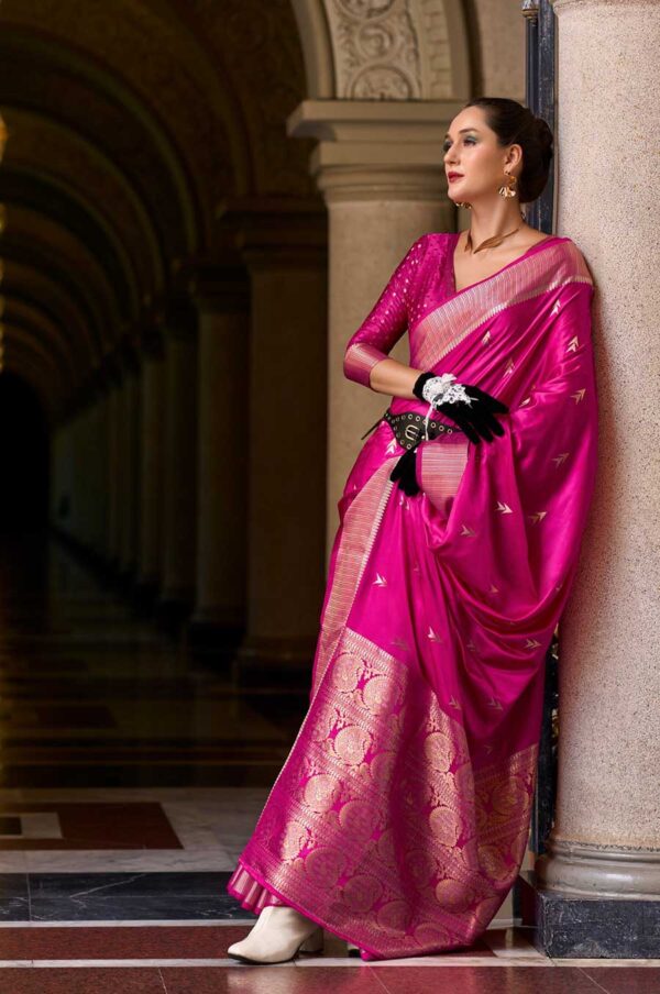 Hot Pink Colour Assam Muga Silk Saree with Golden Detailing and Intricate Border