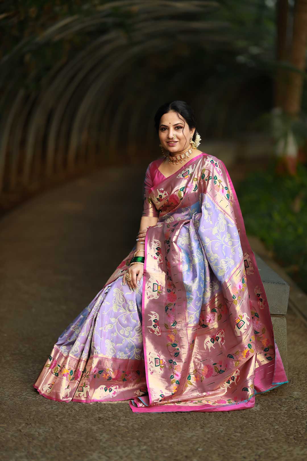 Lavender Lucknowi Weaving Saree with Paithani-Patola Fusion and Meenakari Pallu