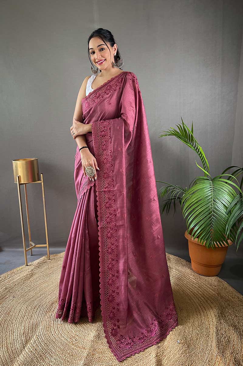 Lavender Pure Matka Silk Soft Saree with Motifs and Cutwork Border