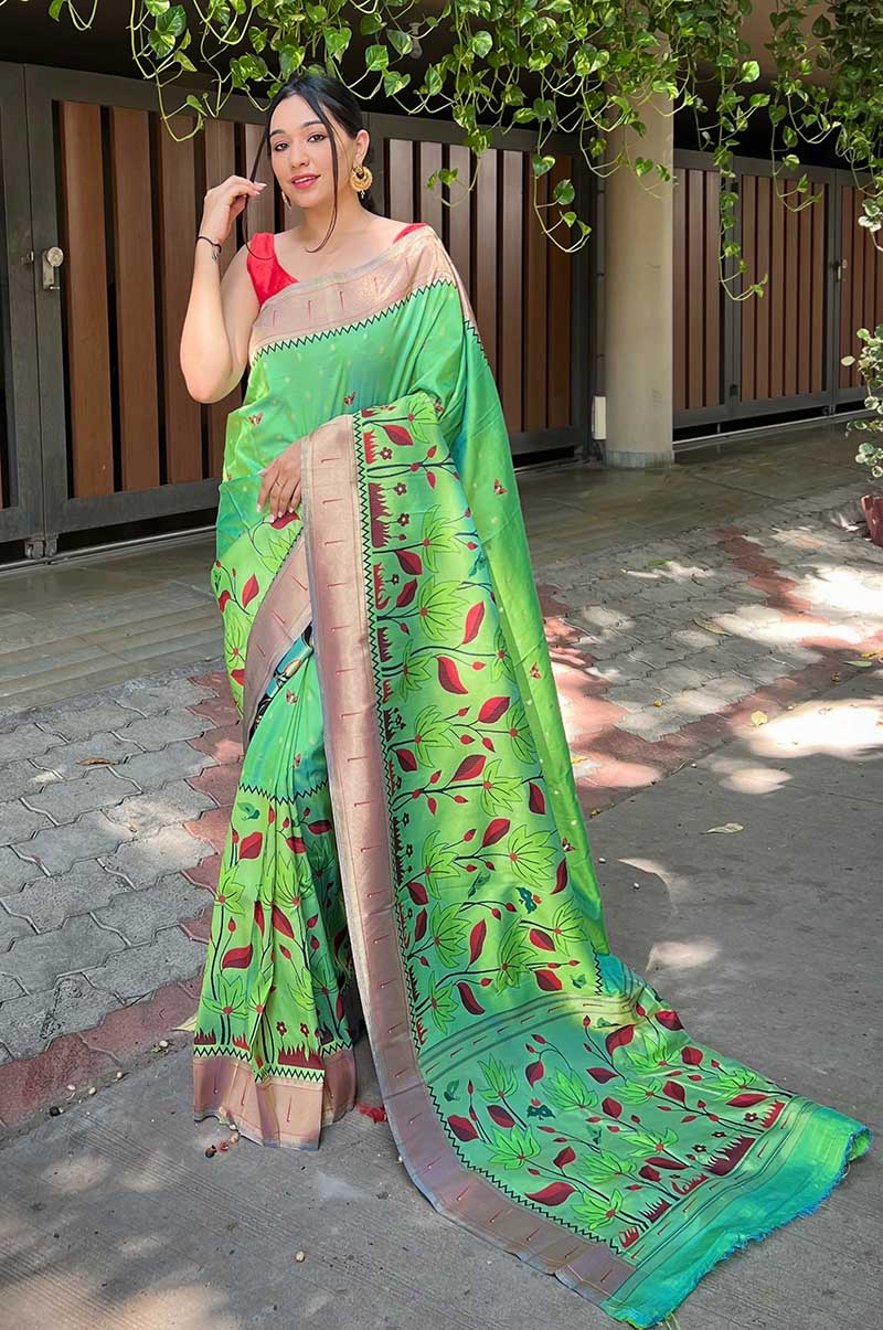 Lime Green Pure Banarasi Paithani Silk Saree with Lotus Flower Design