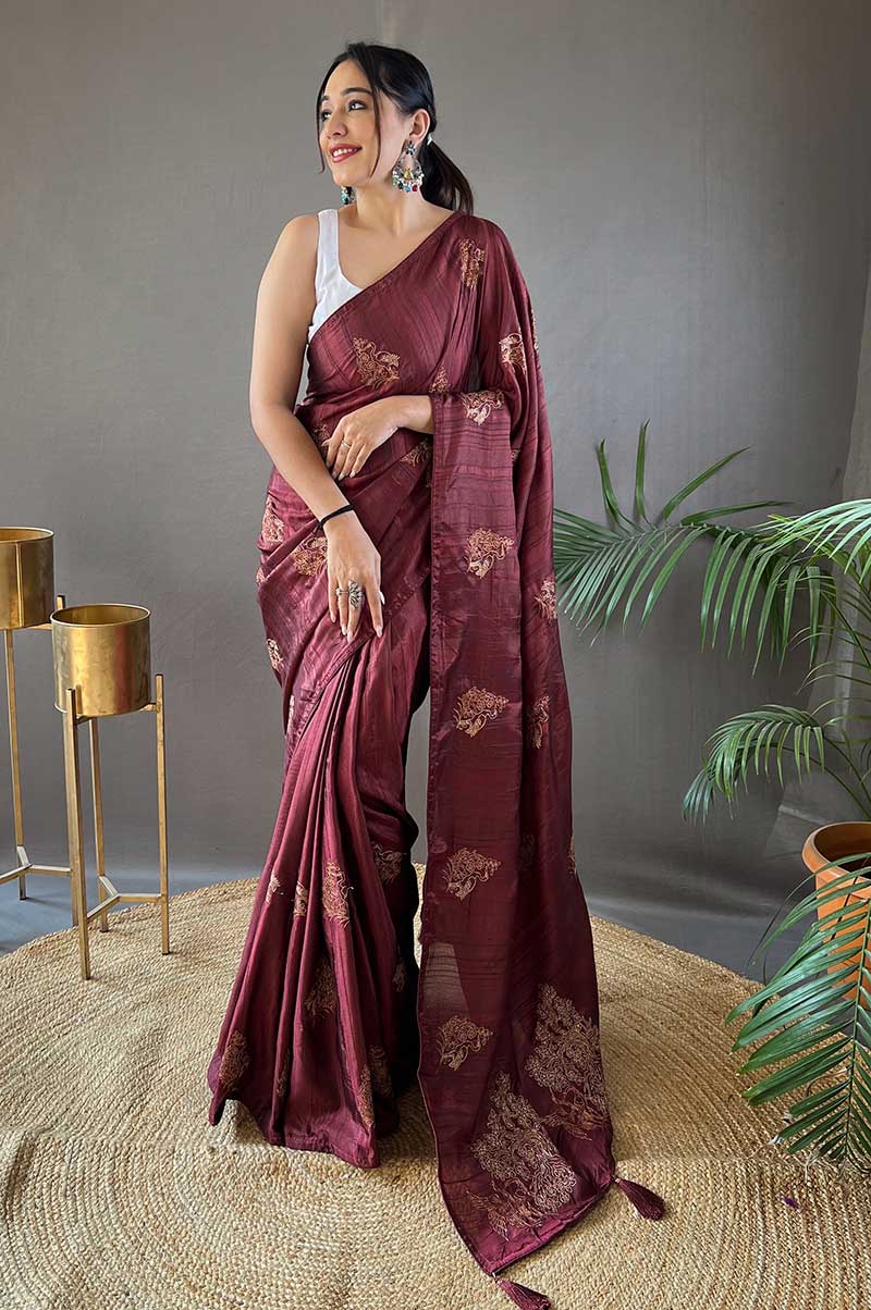 Maroon Silk Saree with Zari Embroidery and Piping Design