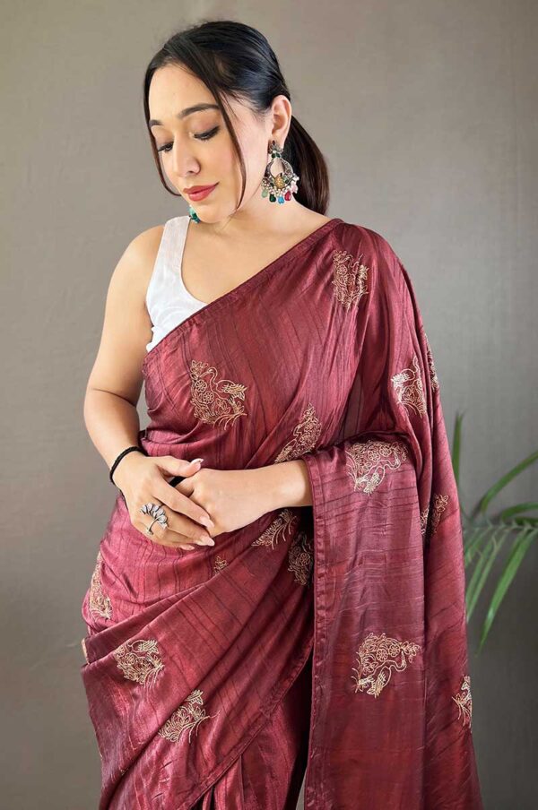 Maroon Silk Saree with Zari Embroidery and Piping Design