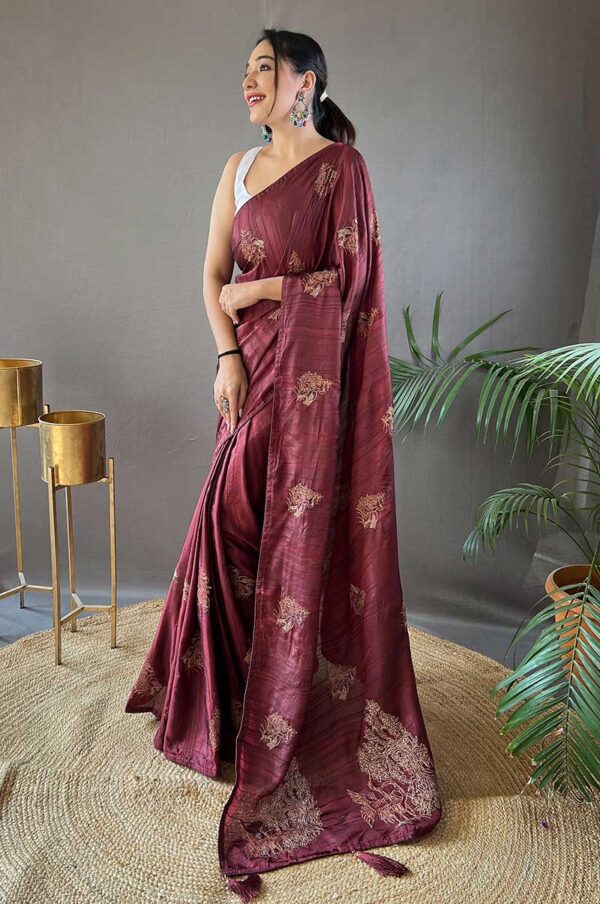 Maroon Silk Saree with Zari Embroidery and Piping Design