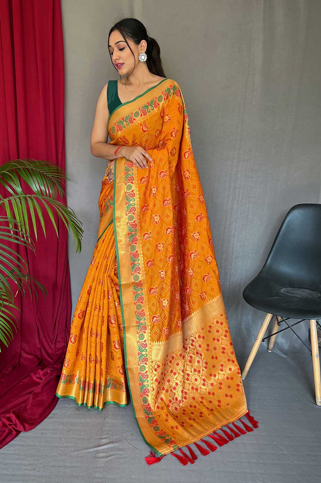 Mustard Kachii Patola Silk Saree with Patola Weaving and Meenakari Border