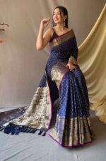 Navy-Soft-Silk-Saree-with-Silver-and-Gold-Zari-Checks-and-Broad-Zari-Border