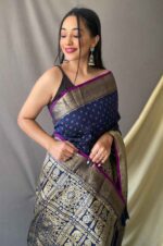 Navy-Soft-Silk-Saree-with-Silver-and-Gold-Zari-Checks-and-Broad-Zari-Border-3