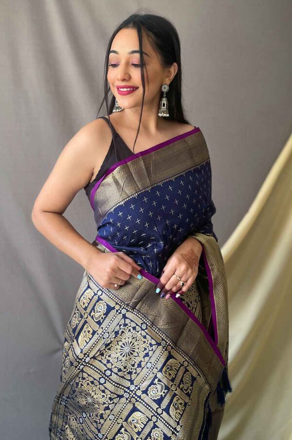 Navy Blue Silk Saree with Silver and Gold Zari Checks and Broad Zari Border