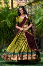 Olive-green-south-indian-Poly-Cotton-Lehenga-Choli-Set-with-Zari-Weaving-2