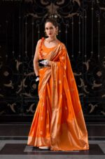 Orange-Color-Assam-Muga-Silk-Saree-with-Golden-Detailing-and-Intricate-Border