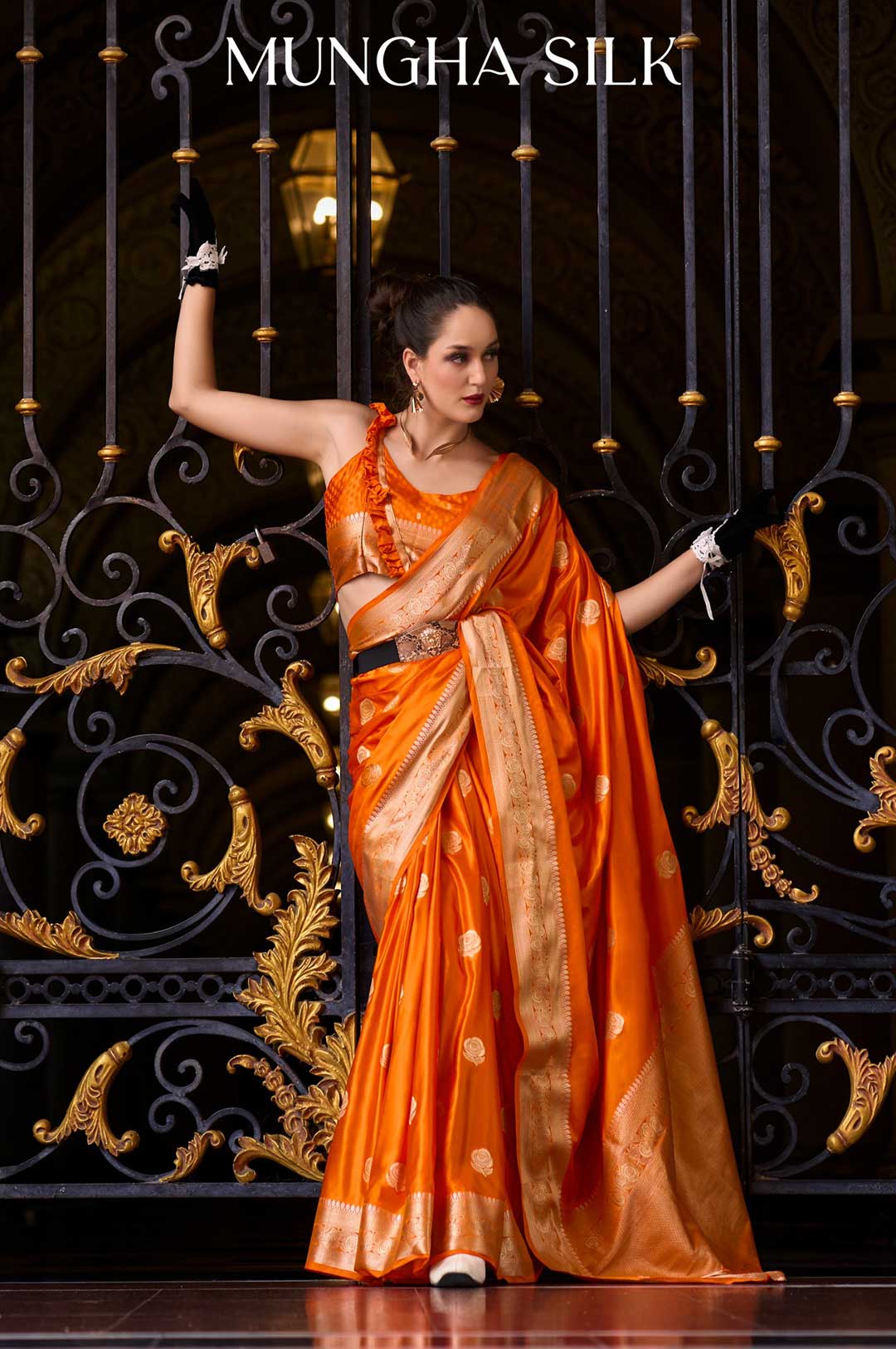 Orange Colour Assam Muga Silk Saree with Golden Detailing and Intricate Border