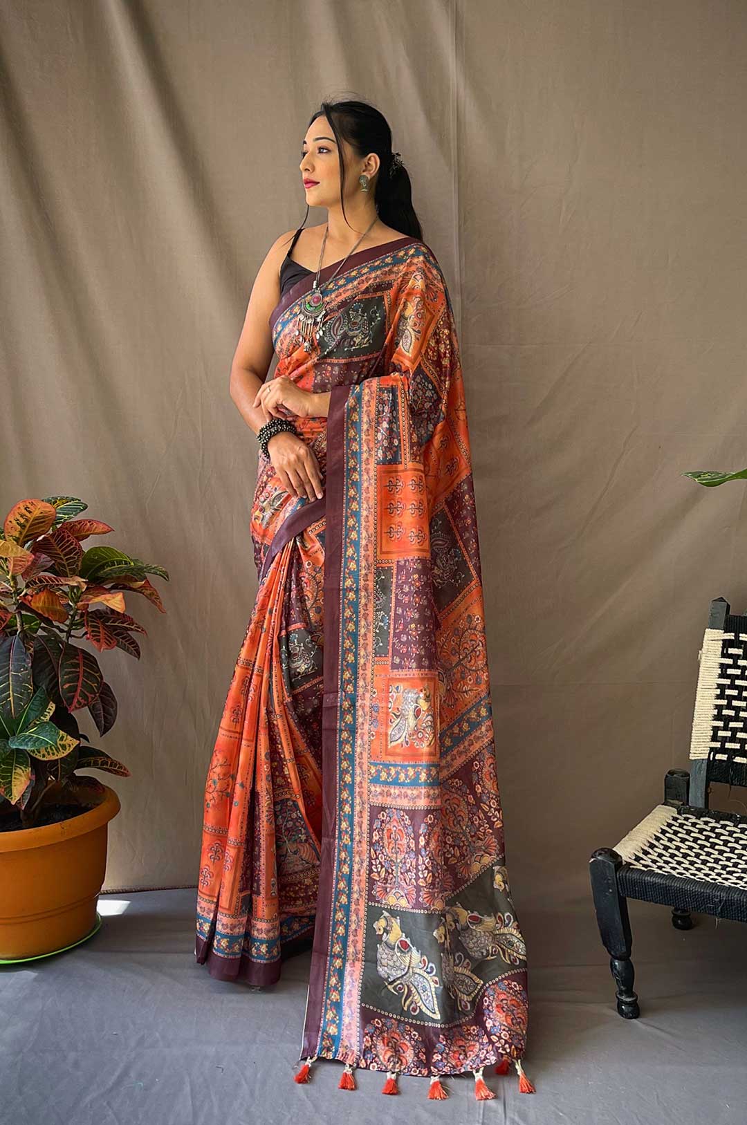 Orange Cotton Kalamkari Print Saree