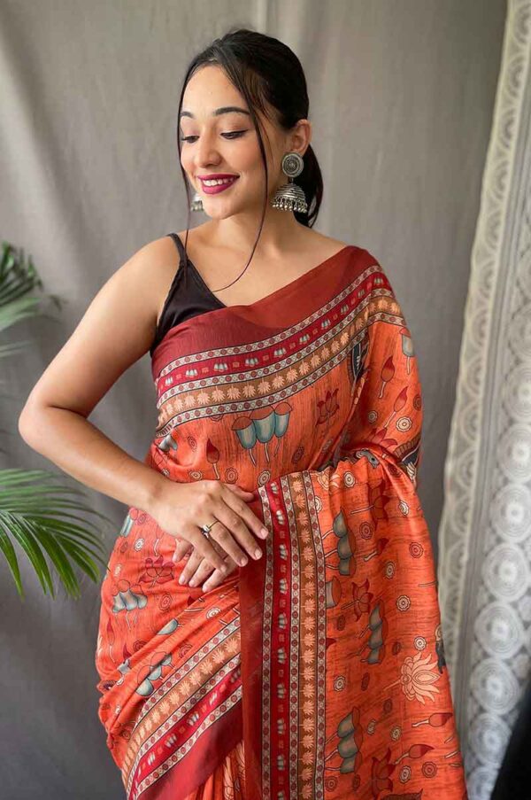 Orange Cotton Saree with Kalamkari Prints and Contrast Pallu