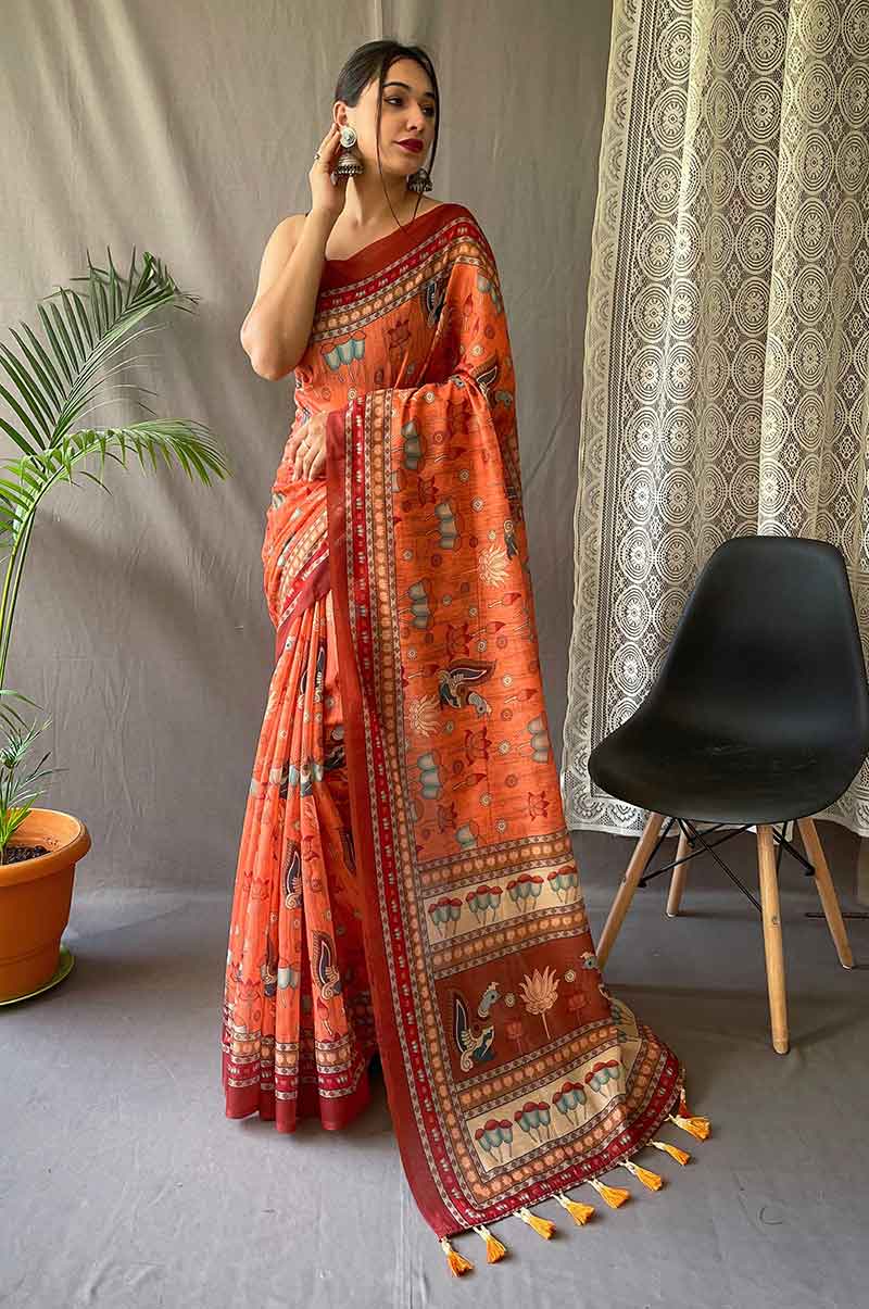 Orange Cotton Saree with Kalamkari Prints and Contrast Pallu