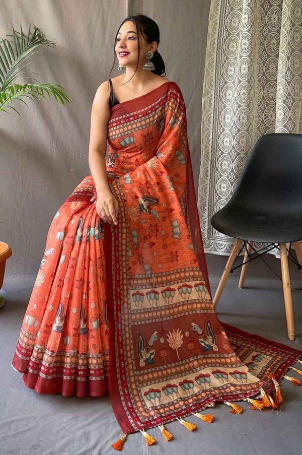 Orange Cotton Saree with Kalamkari Prints and Contrast Pallu