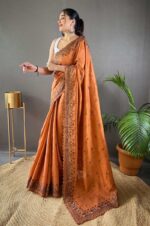 Orange-Pure-Matka-Silk-Saree-with-Motifs-and-Cutwork-Border