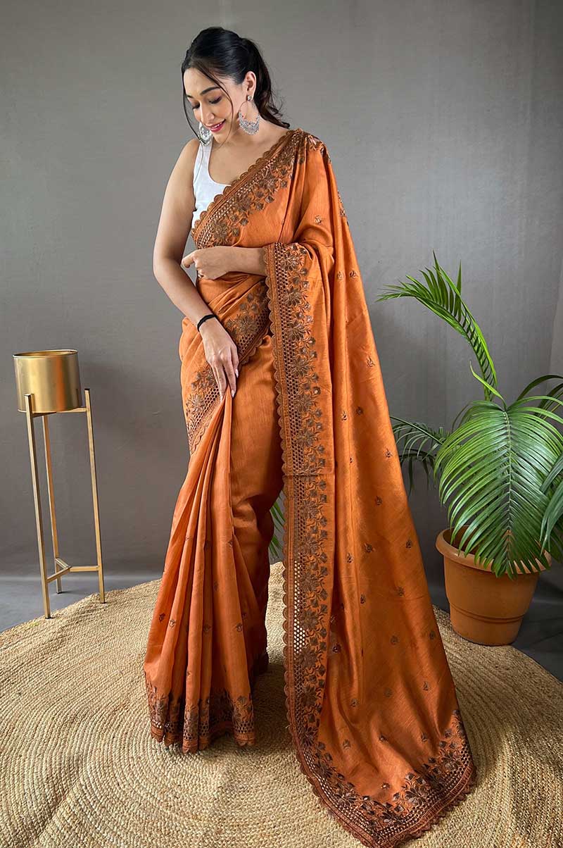 Orange Pure Matka Silk Soft Saree with Motifs and Cutwork Border