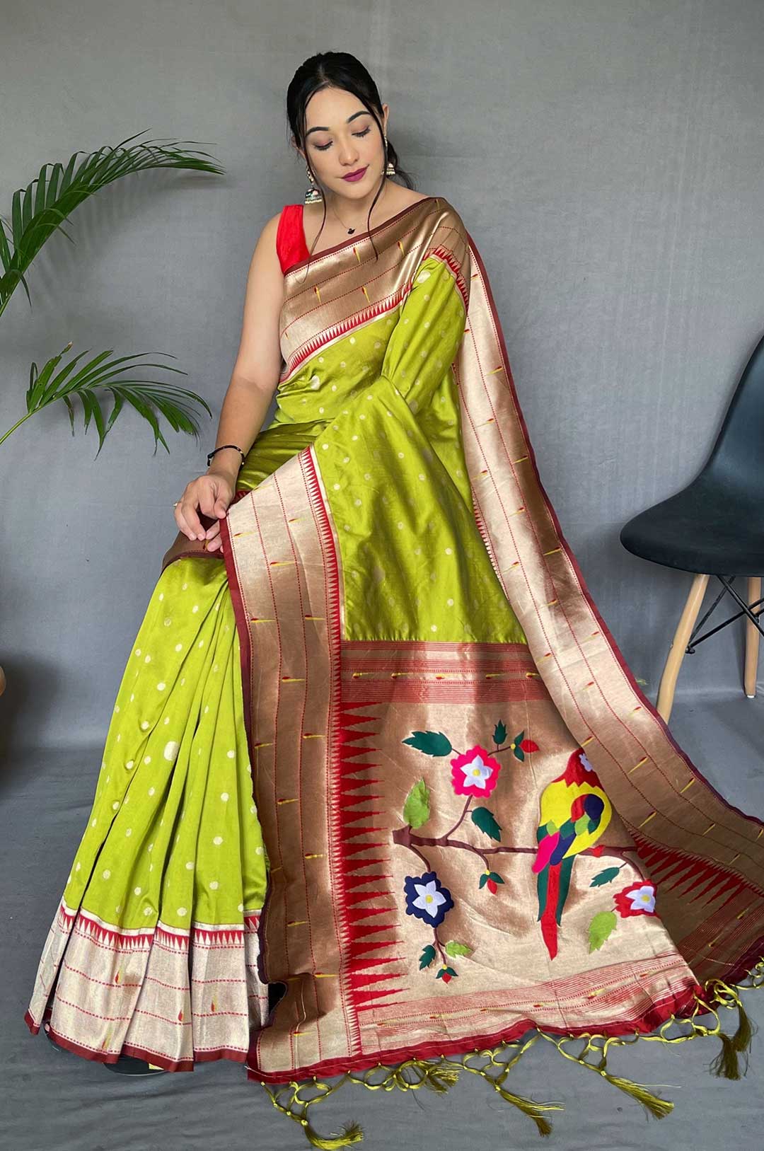 Parrot Color Paithani Silk Saree