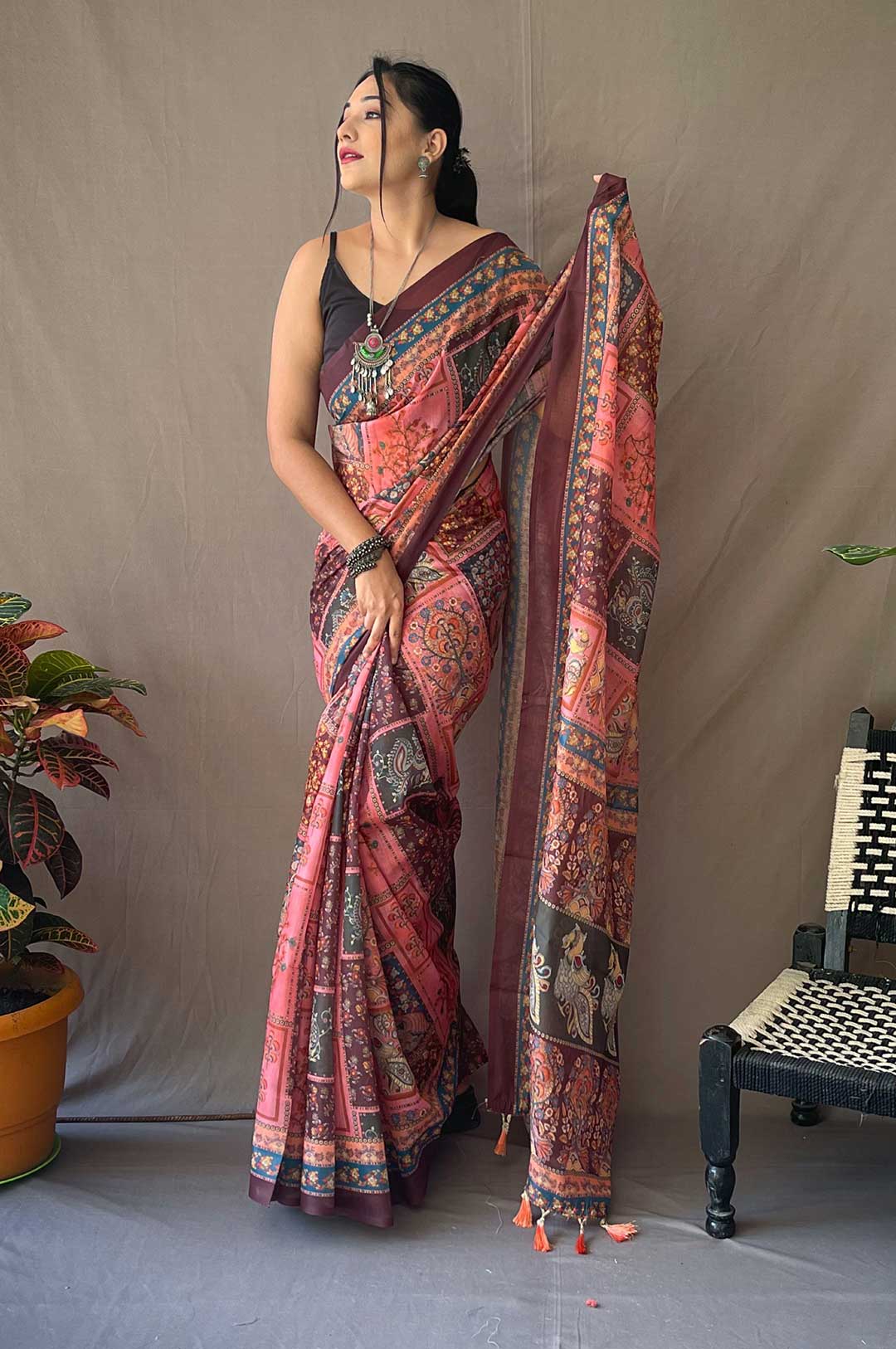 Pink Cotton Kalamkari Print Saree