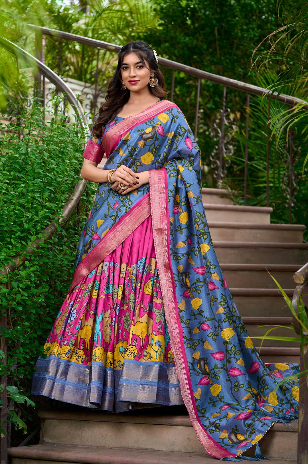 Pink Kamalkari LEhenga Choli Set Dola Silk