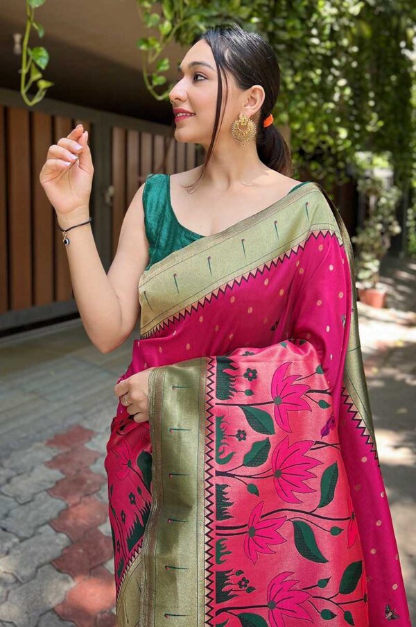 Pink Pure Banarasi Paithani Silk Saree with Lotus Flower Design