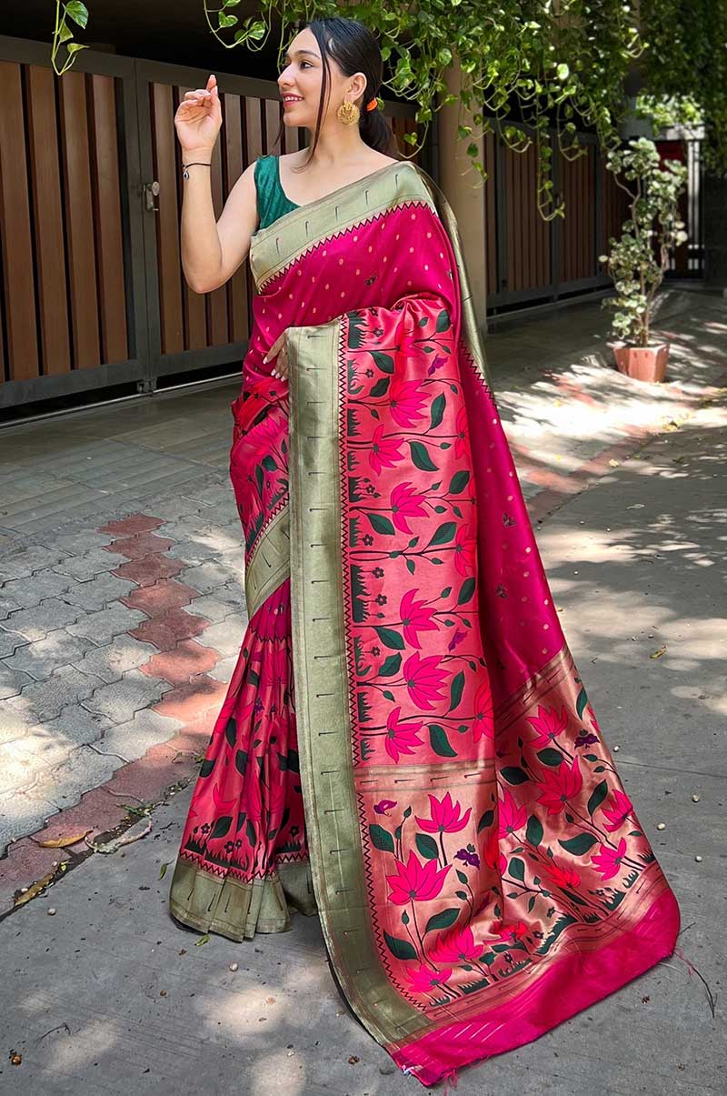 Pink Pure Banarasi Paithani Silk Saree with Lotus Flower Design