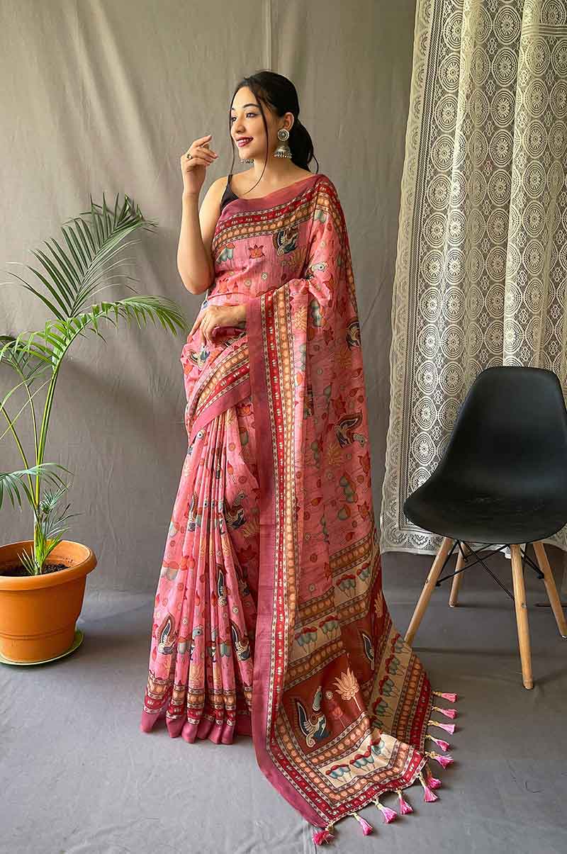 Pink Cotton Saree with Kalamkari Prints and Contrast Pallu