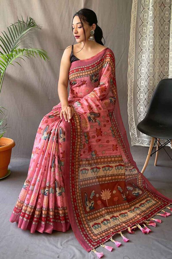 Pink Cotton Saree with Kalamkari Prints and Contrast Pallu