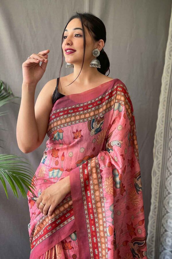 Pink Cotton Saree with Kalamkari Prints and Contrast Pallu