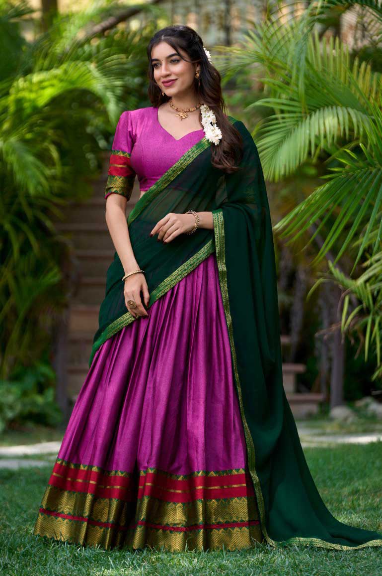 Pink south indian Poly Cotton Lehenga Choli Set with Zari Weaving